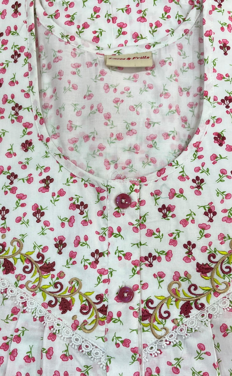 White/Pink Boutique Cotton Nighty . Pure Durable Cotton | Laces and Frills - Laces and Frills