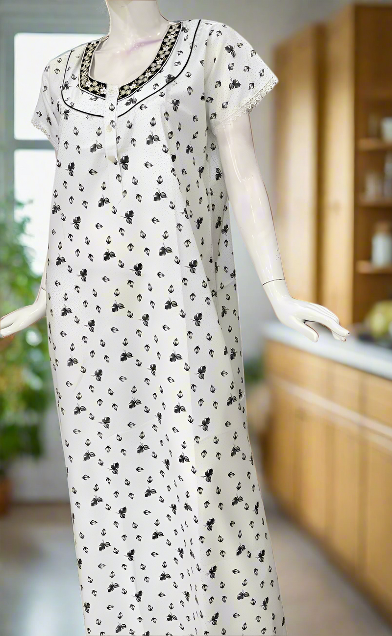 White/Black Boutique Cotton Nighty . Pure Durable Cotton | Laces and Frills