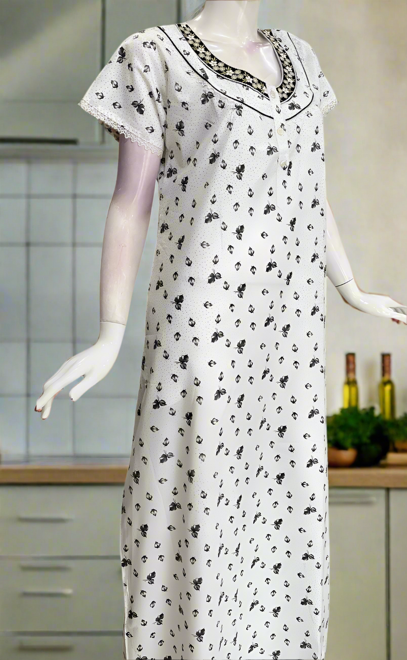 White/Black Boutique Cotton Nighty . Pure Durable Cotton | Laces and Frills