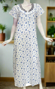 White/Blue Boutique Cotton Nighty . Pure Durable Cotton | Laces and Frills
