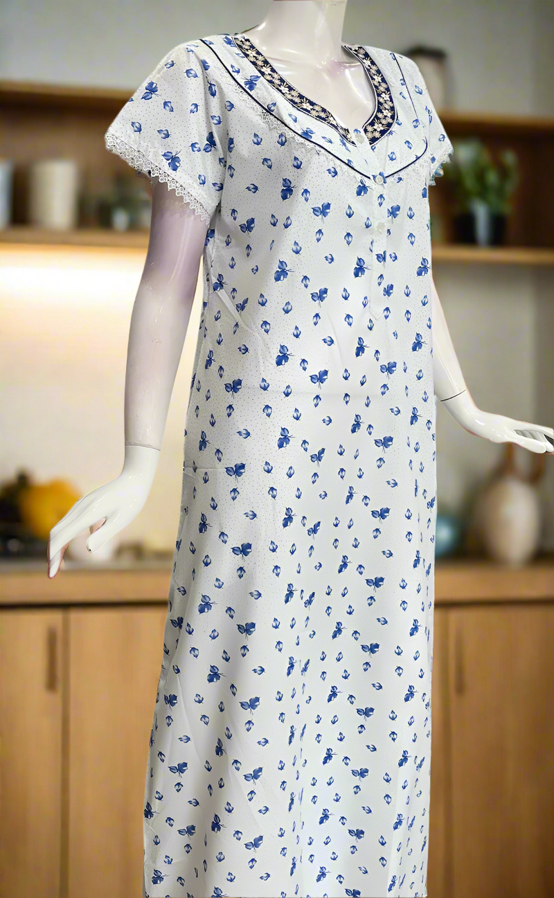 White/Blue Boutique Cotton Nighty . Pure Durable Cotton | Laces and Frills