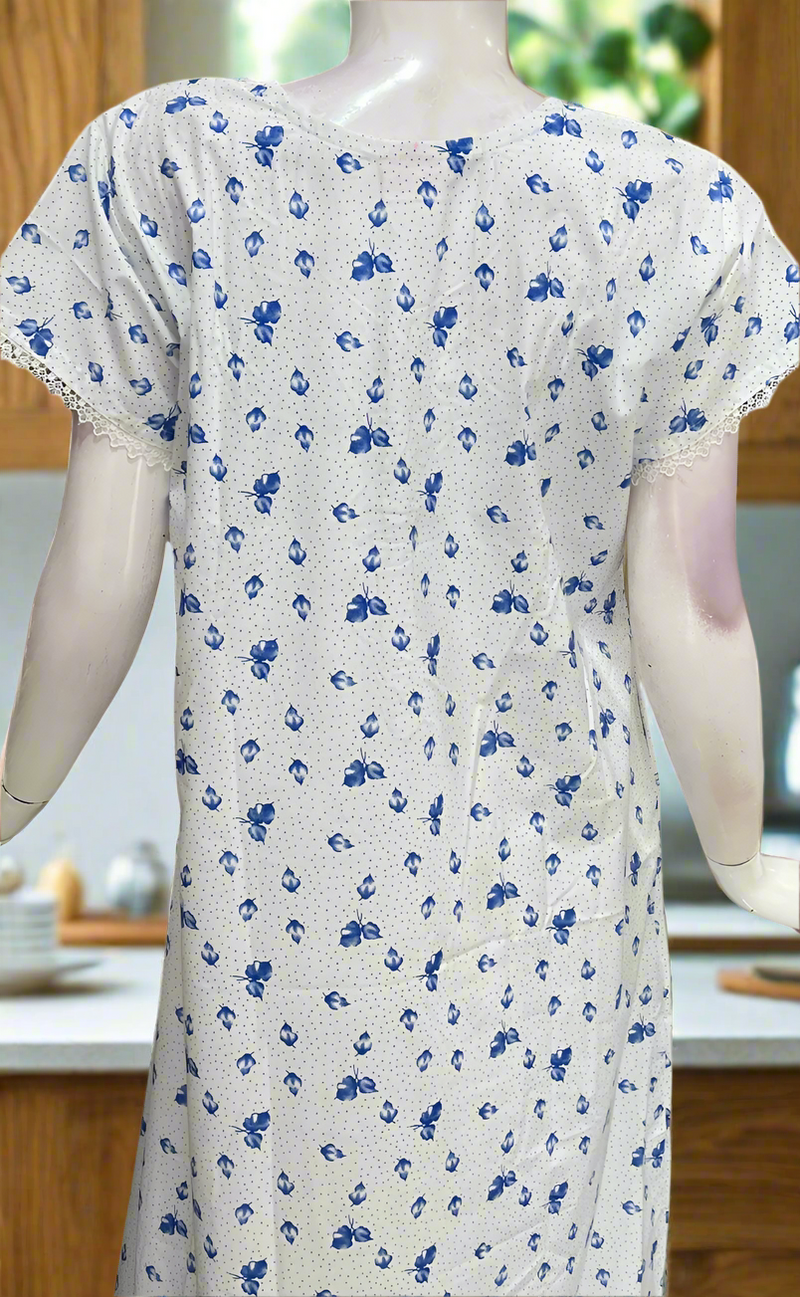 White/Blue Boutique Cotton Nighty . Pure Durable Cotton | Laces and Frills