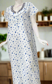 White/Blue Boutique Cotton Nighty . Pure Durable Cotton | Laces and Frills