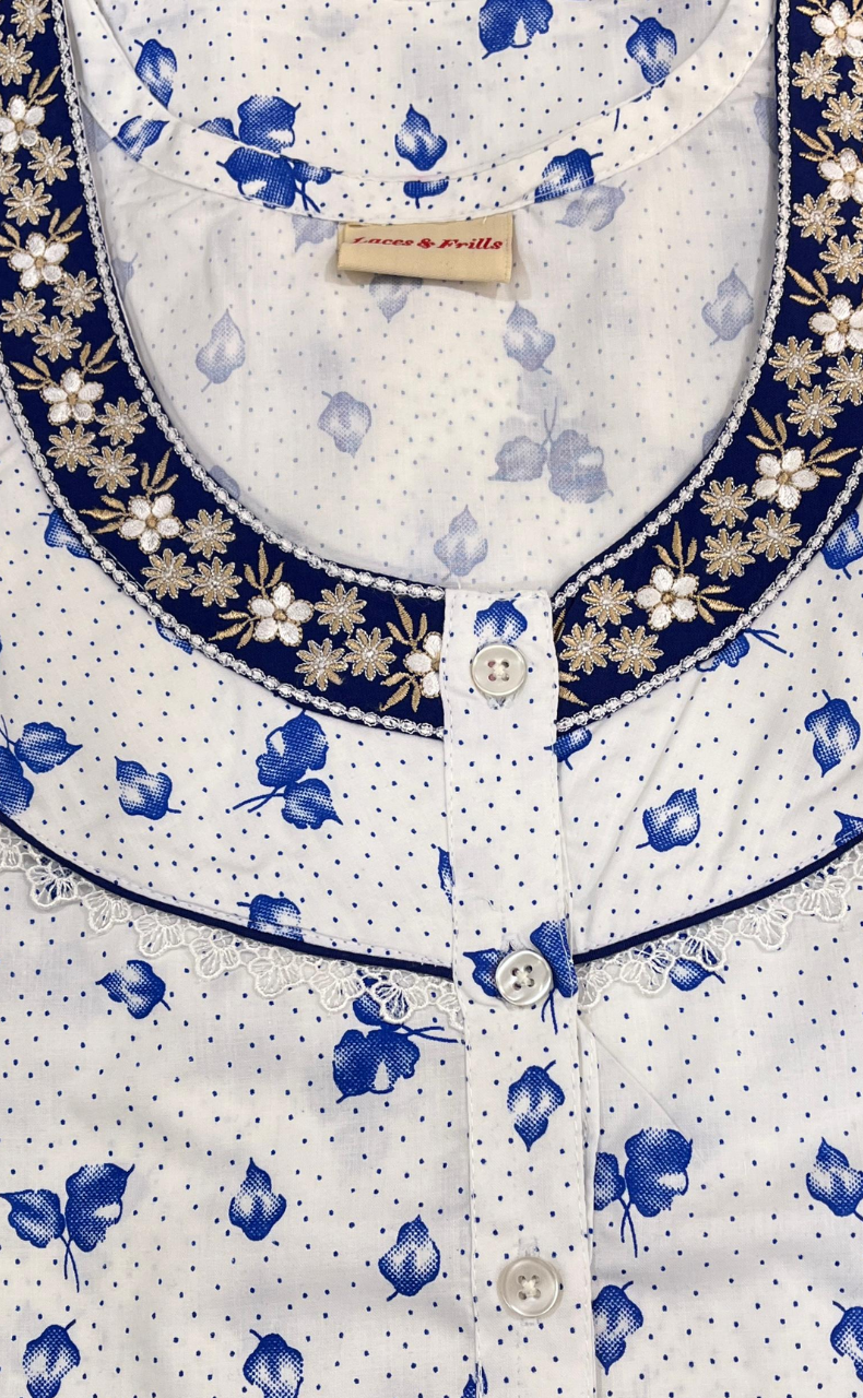 White/Blue Boutique Cotton Nighty . Pure Durable Cotton | Laces and Frills - Laces and Frills