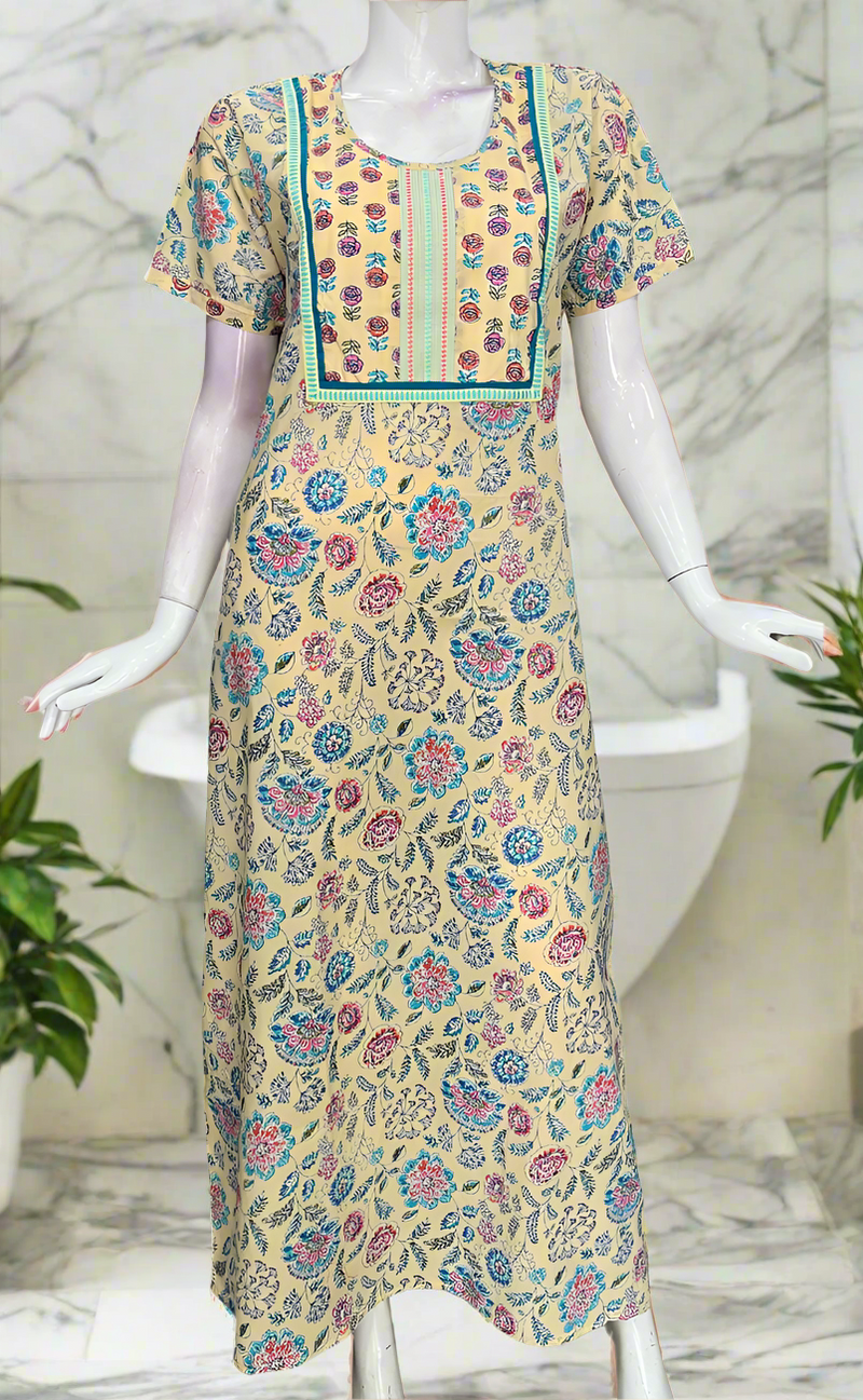 Yellow Floral Garden Pure Cotton Nighty. Pure Durable Cotton | Laces and Frills