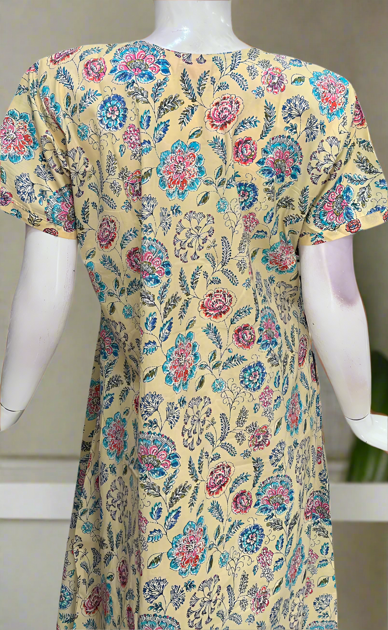 Yellow Floral Garden Pure Cotton Nighty. Pure Durable Cotton | Laces and Frills