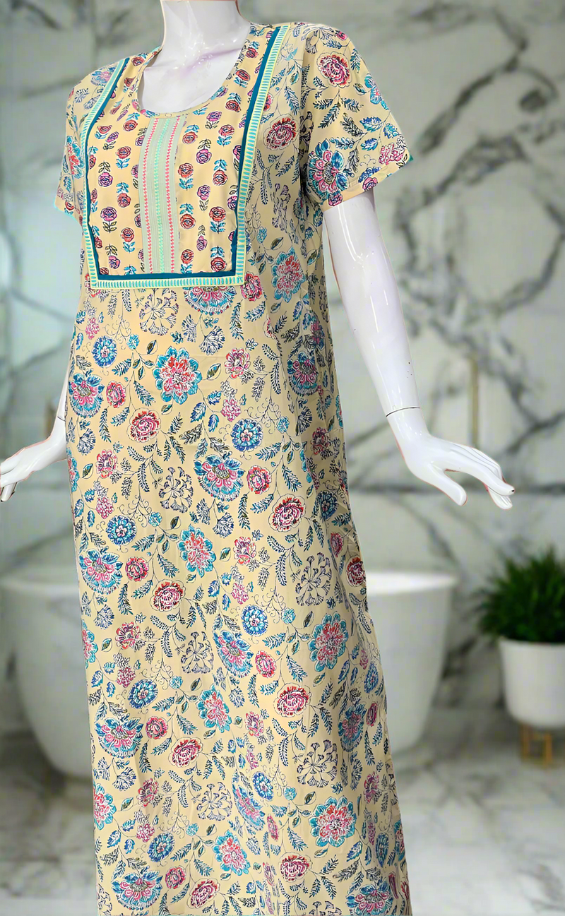 Yellow Floral Garden Pure Cotton Nighty. Pure Durable Cotton | Laces and Frills