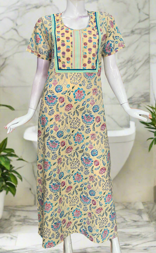 Yellow Floral Garden Pure Cotton Nighty. Pure Durable Cotton | Laces and Frills
