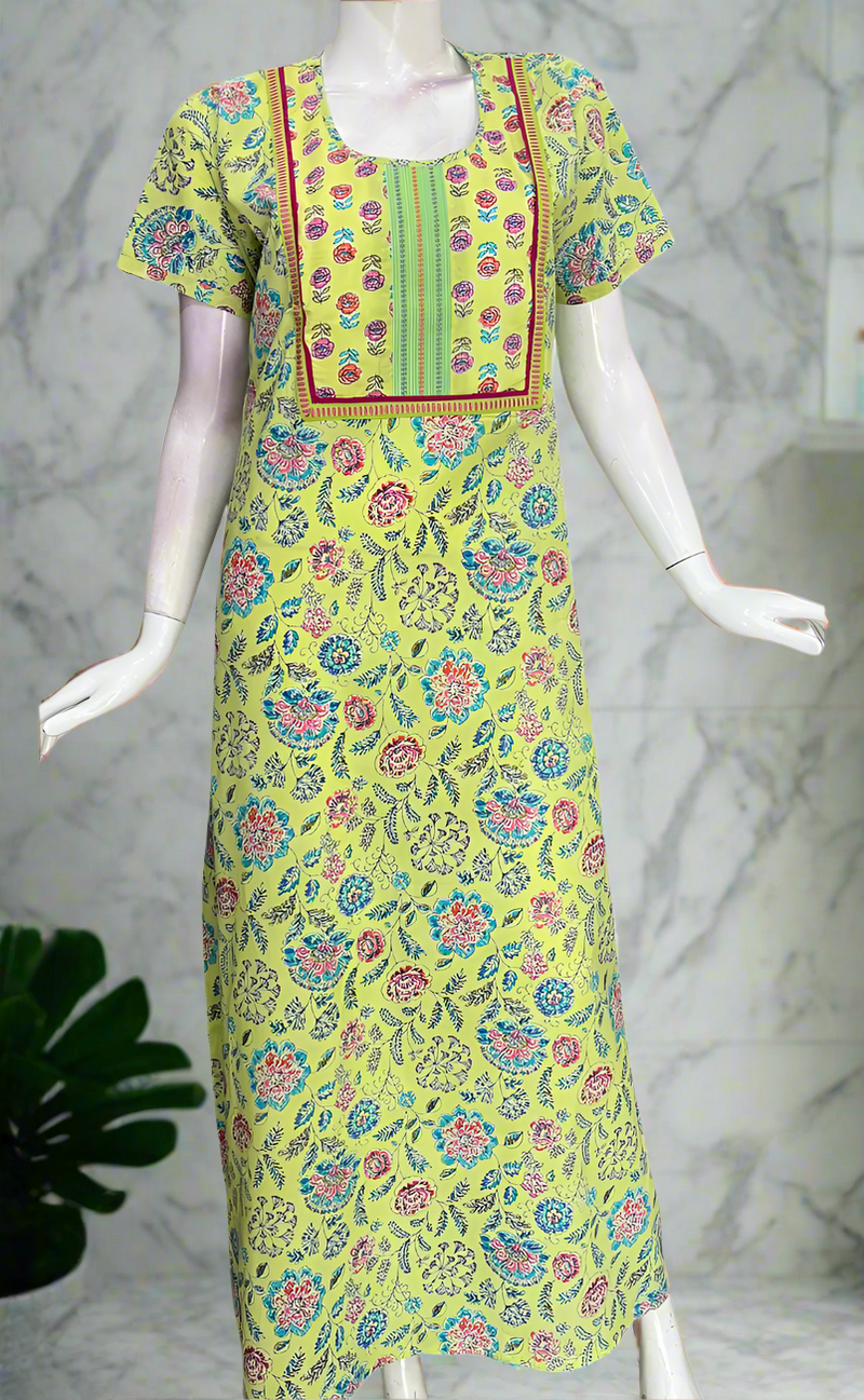 Lime Yellow Floral Garden Pure Cotton Nighty. Pure Durable Cotton | Laces and Frills