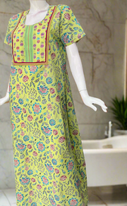 Lime Yellow Floral Garden Pure Cotton Nighty. Pure Durable Cotton | Laces and Frills