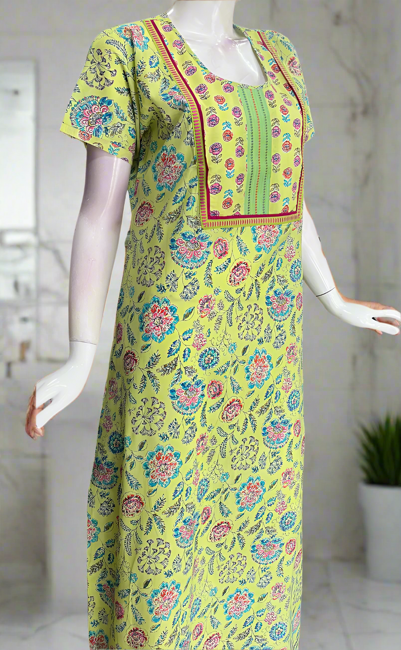 Lime Yellow Floral Garden Pure Cotton Nighty. Pure Durable Cotton | Laces and Frills