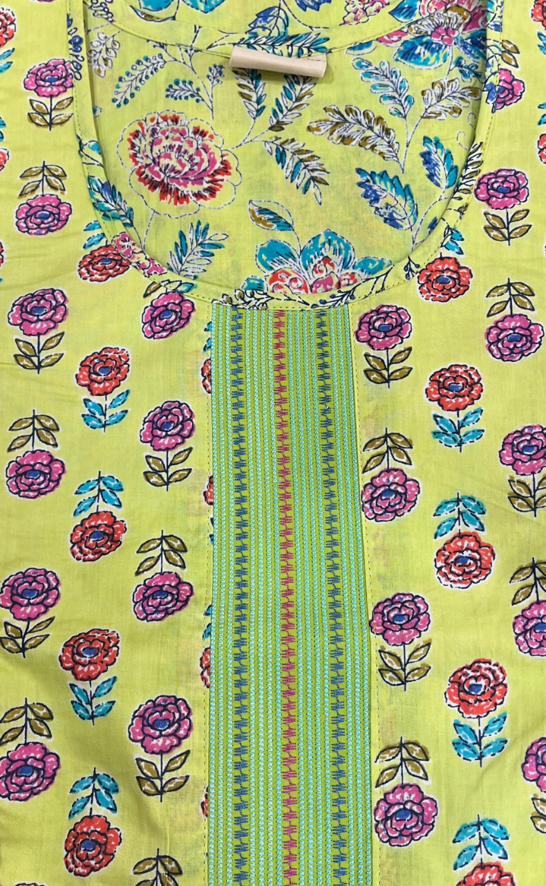 Lime Yellow Floral Garden Pure Cotton Nighty. Pure Durable Cotton | Laces and Frills - Laces and Frills