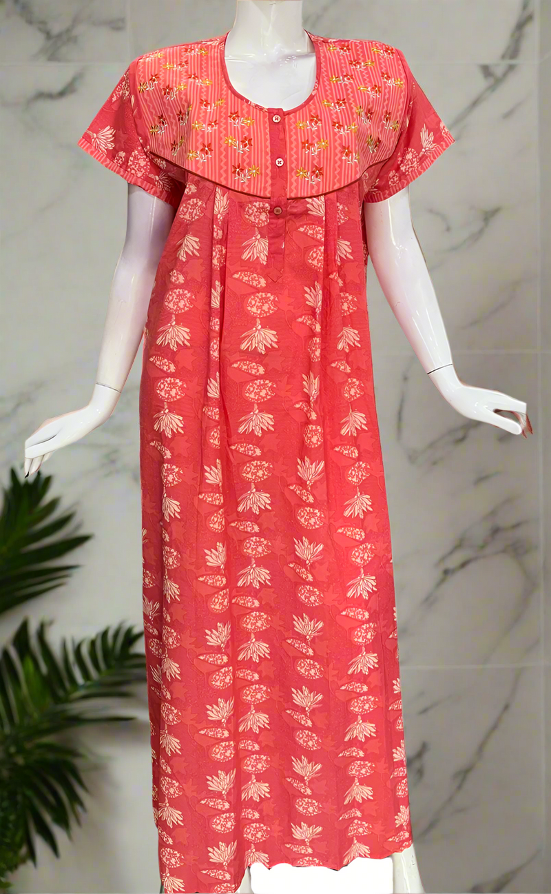 Peach Floral Pure Cotton Nighty. Pure Durable Cotton | Laces and Frills