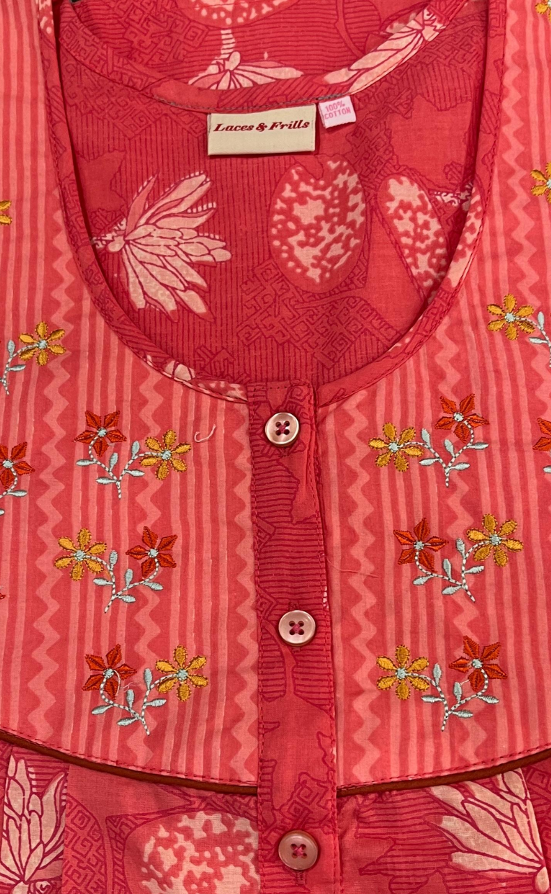 Peach Floral Pure Cotton Nighty. Pure Durable Cotton | Laces and Frills - Laces and Frills