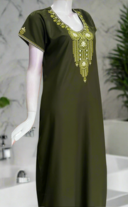 Olive Green Embroidery Soft Cotton Nighty. Soft Breathable Fabric | Laces and Frills