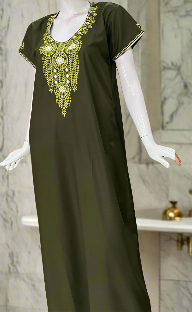 Olive Green Embroidery Soft Cotton Nighty. Soft Breathable Fabric | Laces and Frills