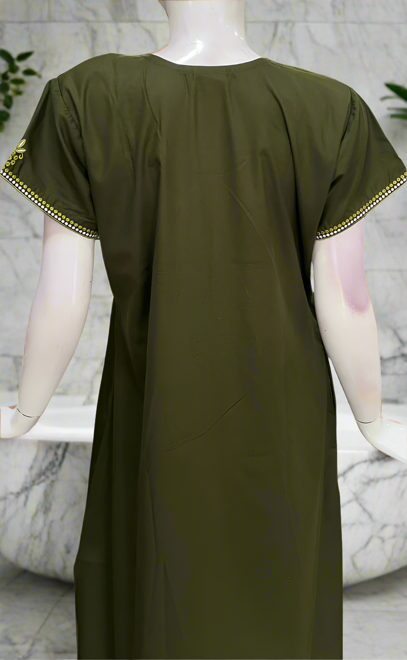Olive Green Embroidery Soft Cotton Nighty. Soft Breathable Fabric | Laces and Frills