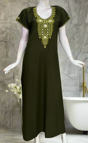 Olive Green Embroidery Soft Cotton Nighty. Soft Breathable Fabric | Laces and Frills
