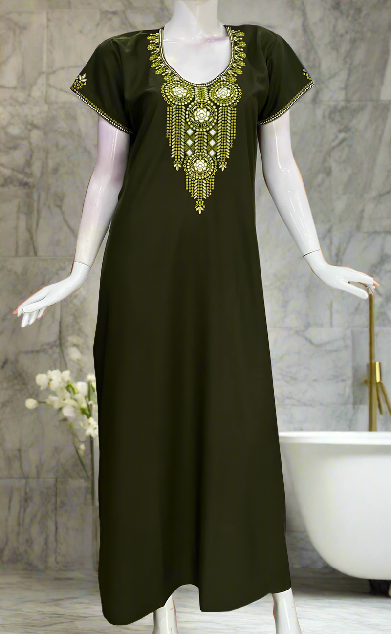 Olive Green Embroidery Soft Cotton Nighty. Soft Breathable Fabric | Laces and Frills