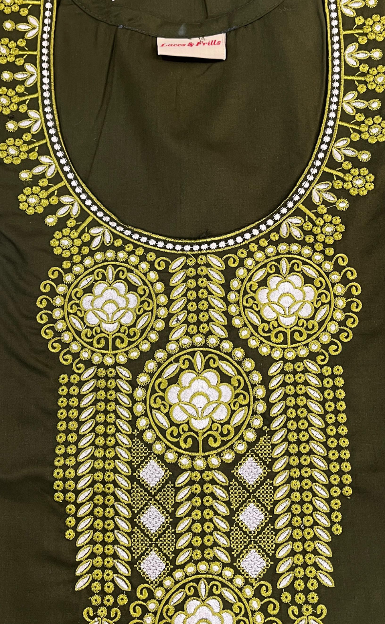 Olive Green Embroidery Soft Cotton Nighty. Soft Breathable Fabric | Laces and Frills - Laces and Frills