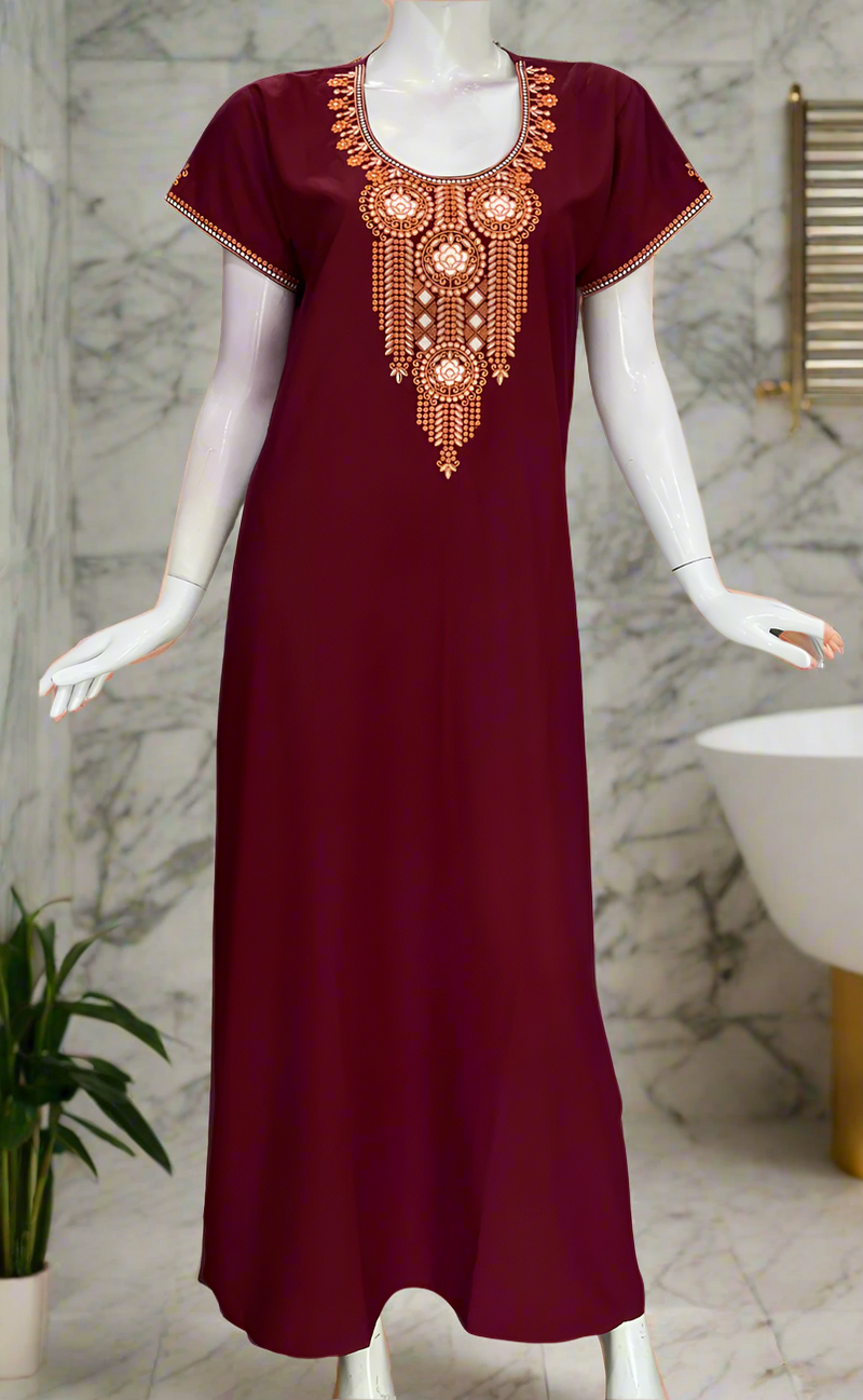 Maroon Embroidery Soft Cotton Nighty. Soft Breathable Fabric | Laces and Frills