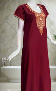 Maroon Embroidery Soft Cotton Nighty. Soft Breathable Fabric | Laces and Frills