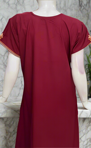 Maroon Embroidery Soft Cotton Nighty. Soft Breathable Fabric | Laces and Frills