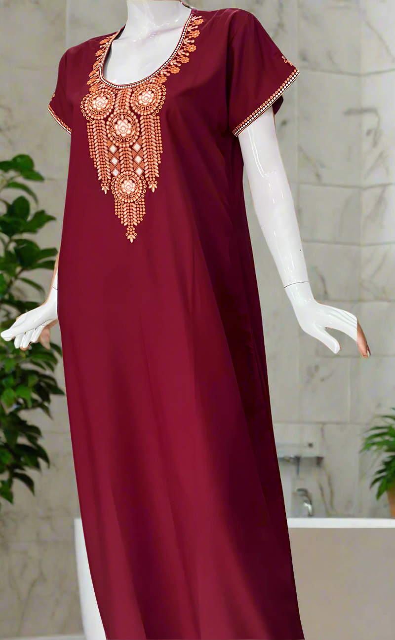 Maroon Embroidery Soft Cotton Nighty. Soft Breathable Fabric | Laces and Frills