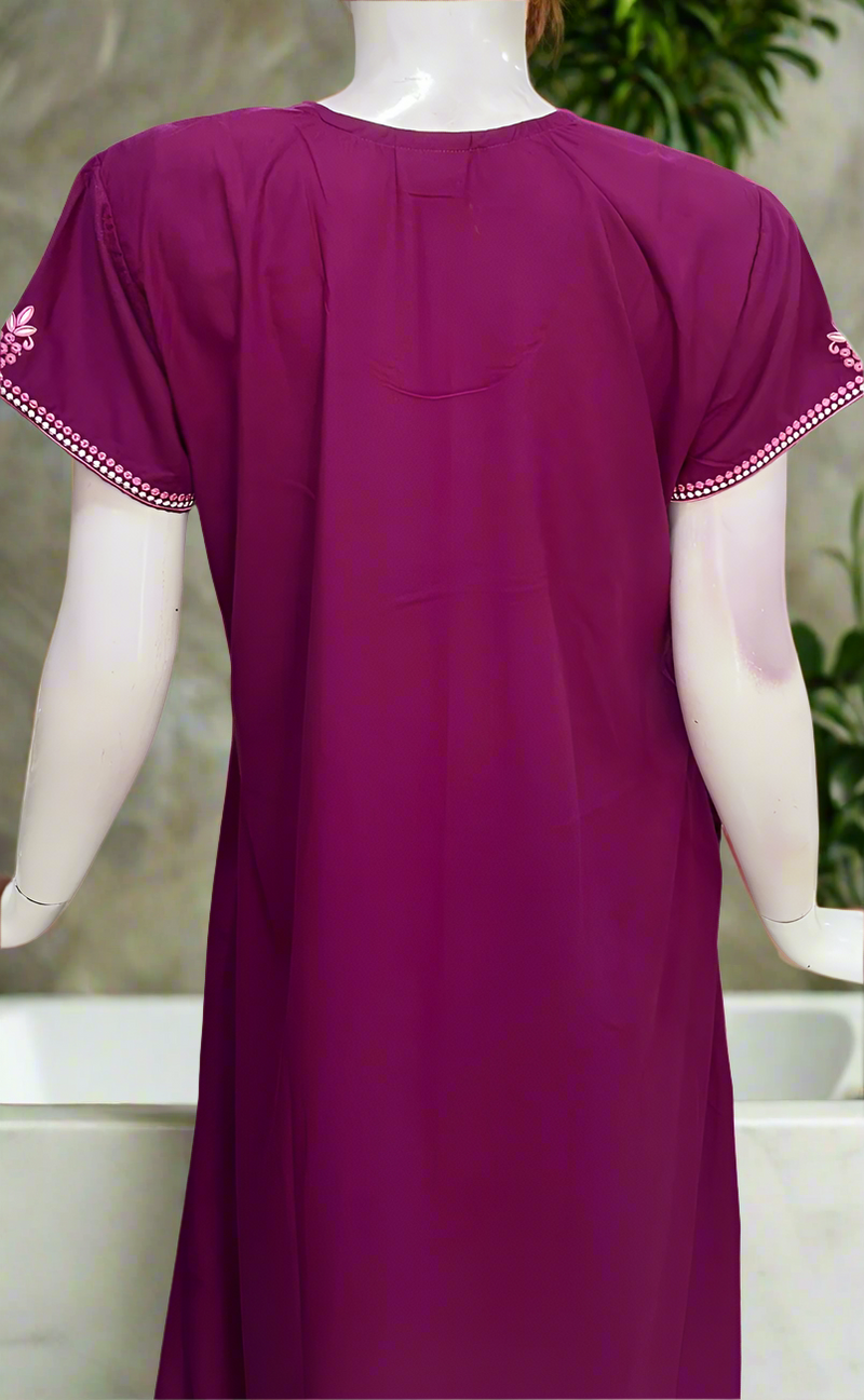 Violet Embroidery Soft Cotton Nighty. Soft Breathable Fabric | Laces and Frills