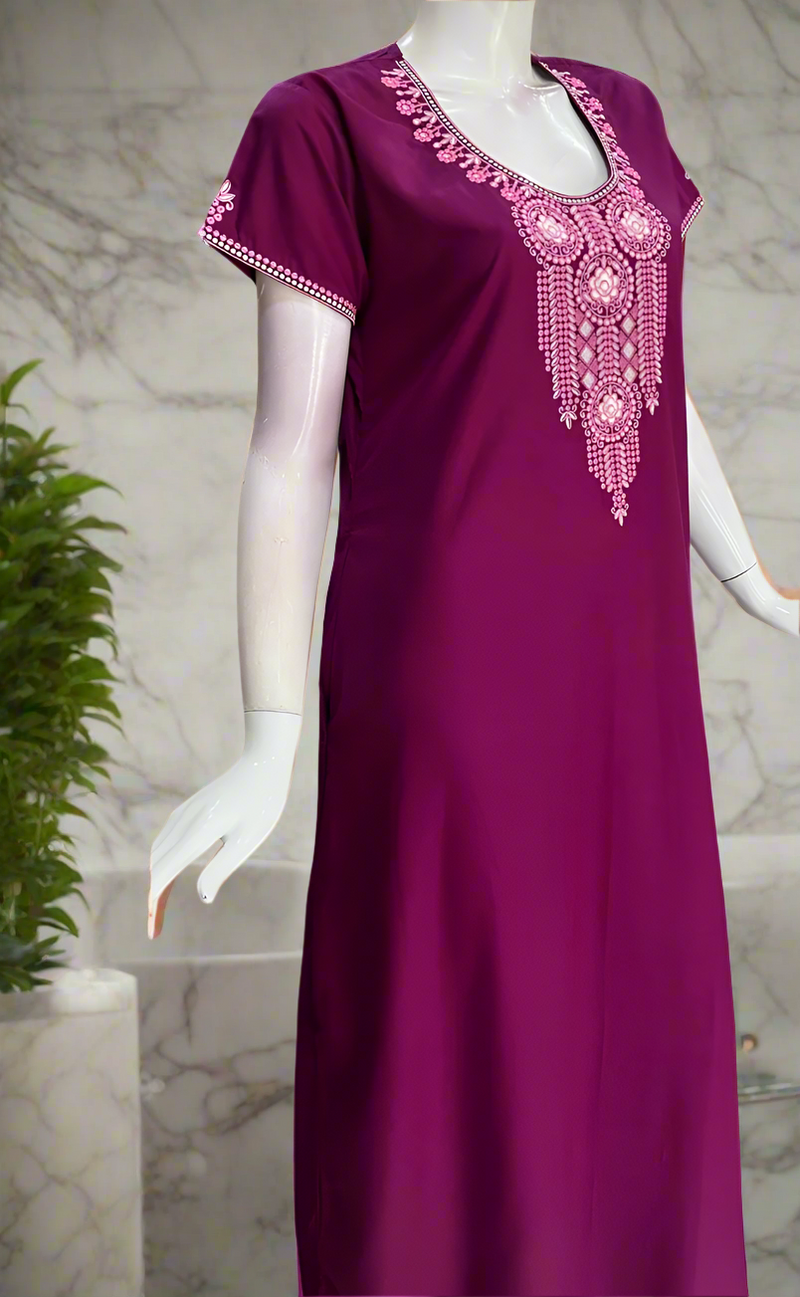 Violet Embroidery Soft Cotton Nighty. Soft Breathable Fabric | Laces and Frills