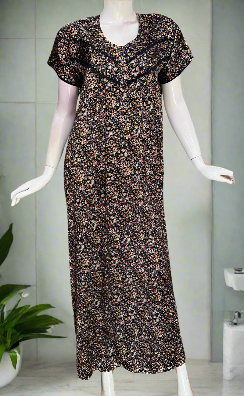 Navy Blue Tiny Flora Satin Nighty. Soft Silky Satin | Laces and Frills