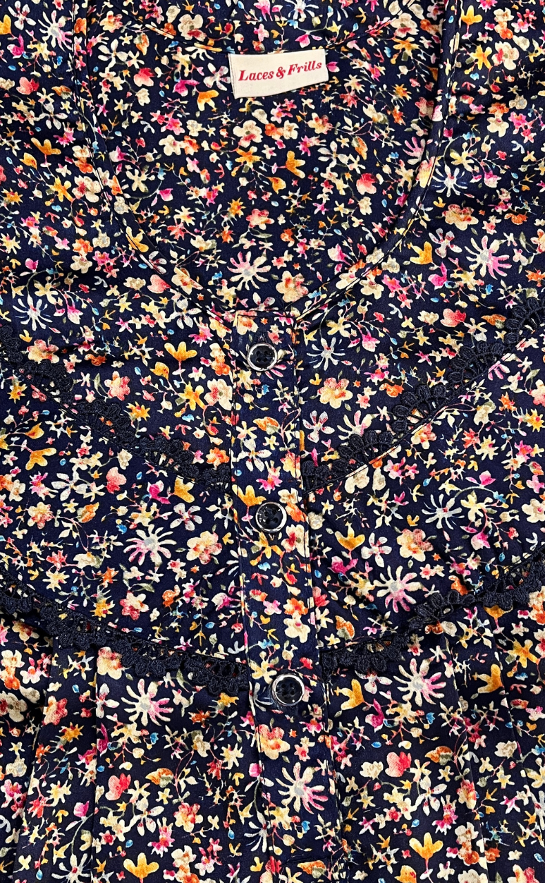 Navy Blue Tiny Flora Satin Nighty. Soft Silky Satin | Laces and Frills