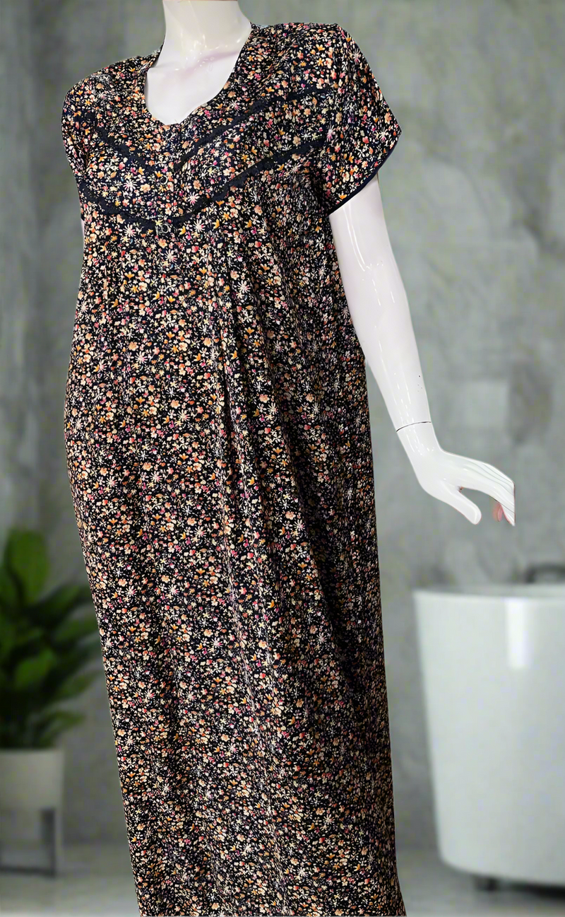 Navy Blue Tiny Flora Satin Nighty. Soft Silky Satin | Laces and Frills