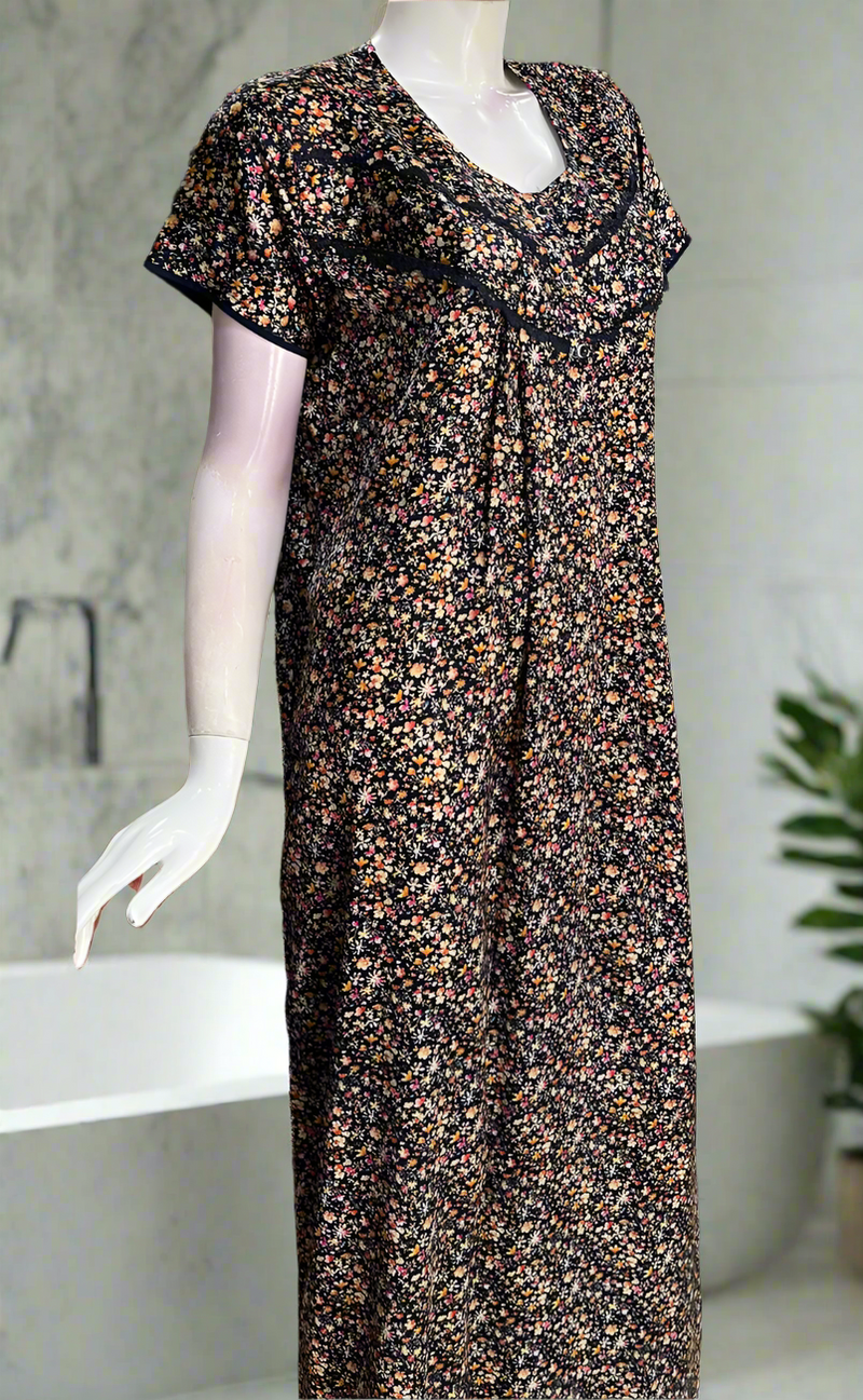 Navy Blue Tiny Flora Satin Nighty. Soft Silky Satin | Laces and Frills