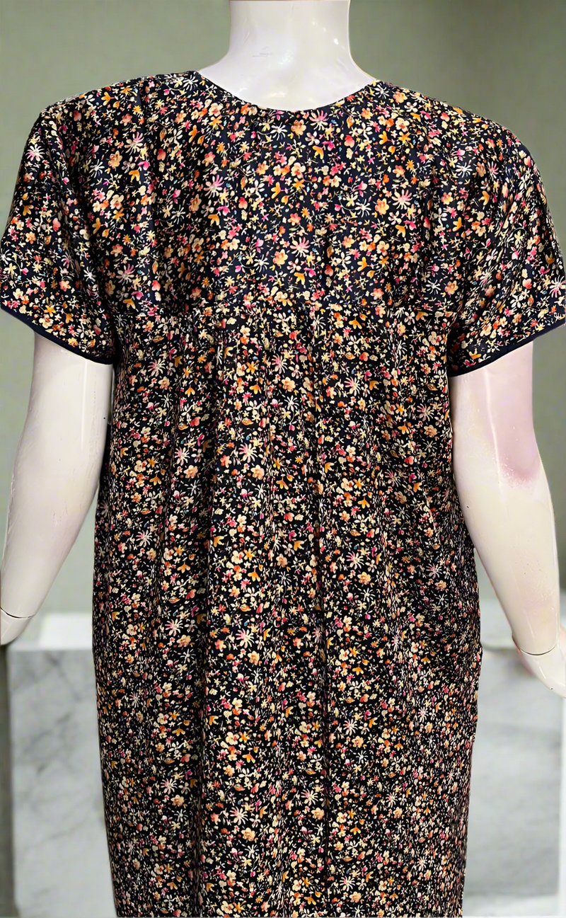 Navy Blue Tiny Flora Satin Nighty. Soft Silky Satin | Laces and Frills