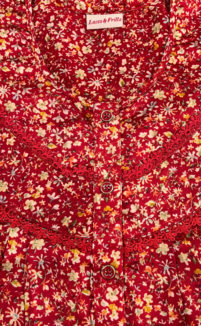 Red Tiny Flora Satin Nighty. Soft Silky Satin | Laces and Frills