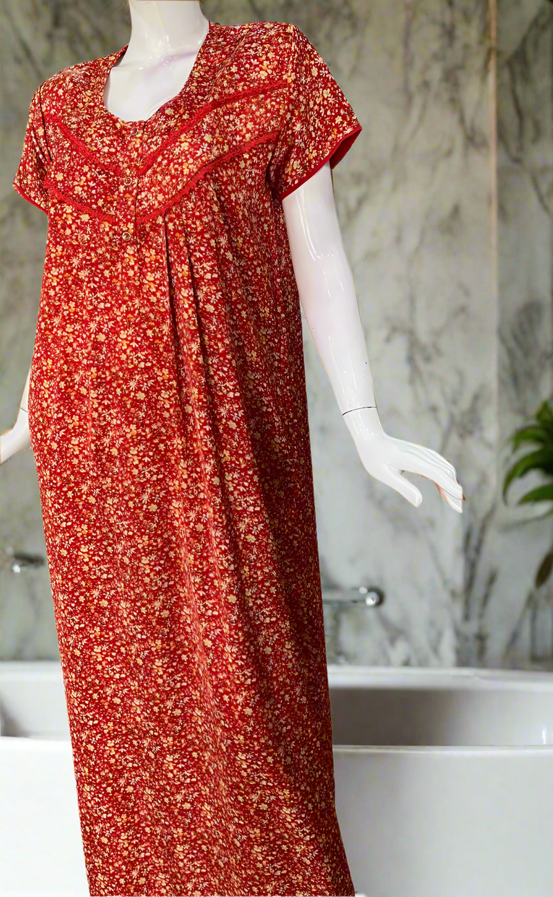 Red Tiny Flora Satin Nighty. Soft Silky Satin | Laces and Frills