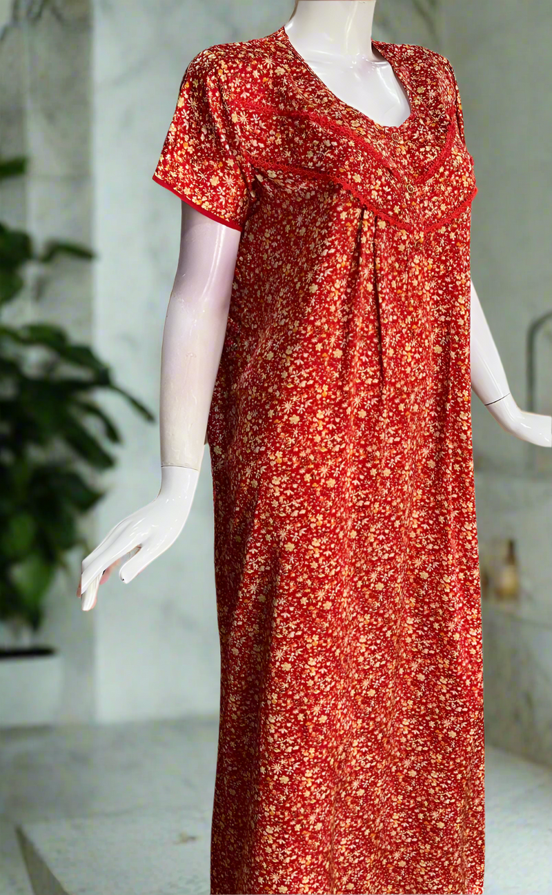 Red Tiny Flora Satin Nighty. Soft Silky Satin | Laces and Frills