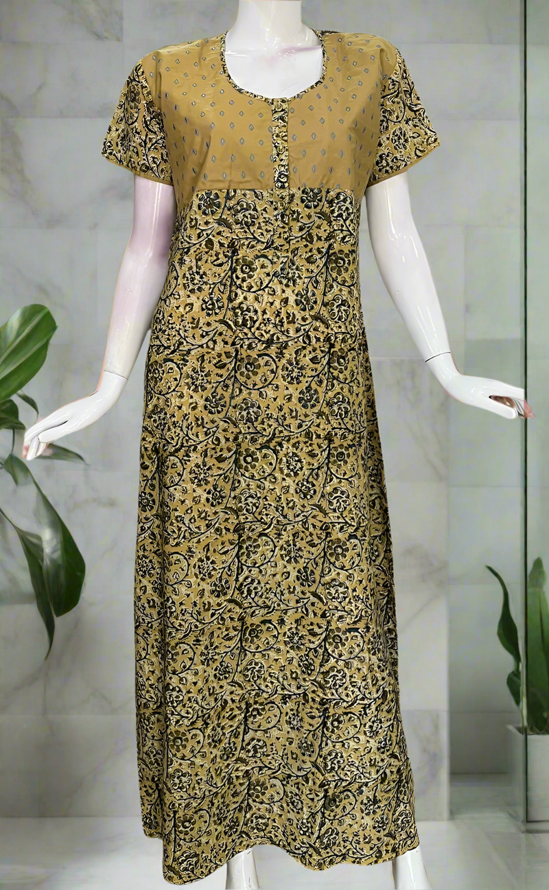 Beige Kalamkari Print Pure Cotton Nighty. Pure Durable Cotton | Laces and Frills