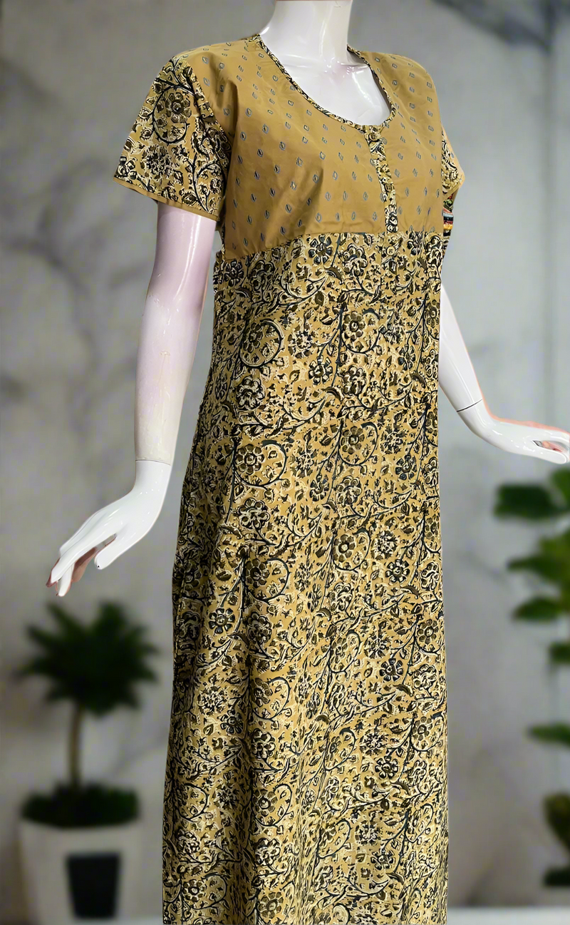 Beige Kalamkari Print Pure Cotton Nighty. Pure Durable Cotton | Laces and Frills