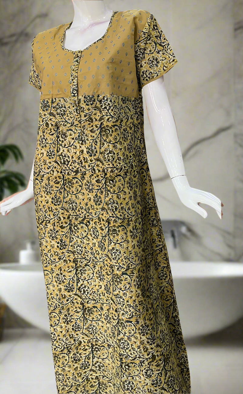 Beige Kalamkari Print Pure Cotton Nighty. Pure Durable Cotton | Laces and Frills