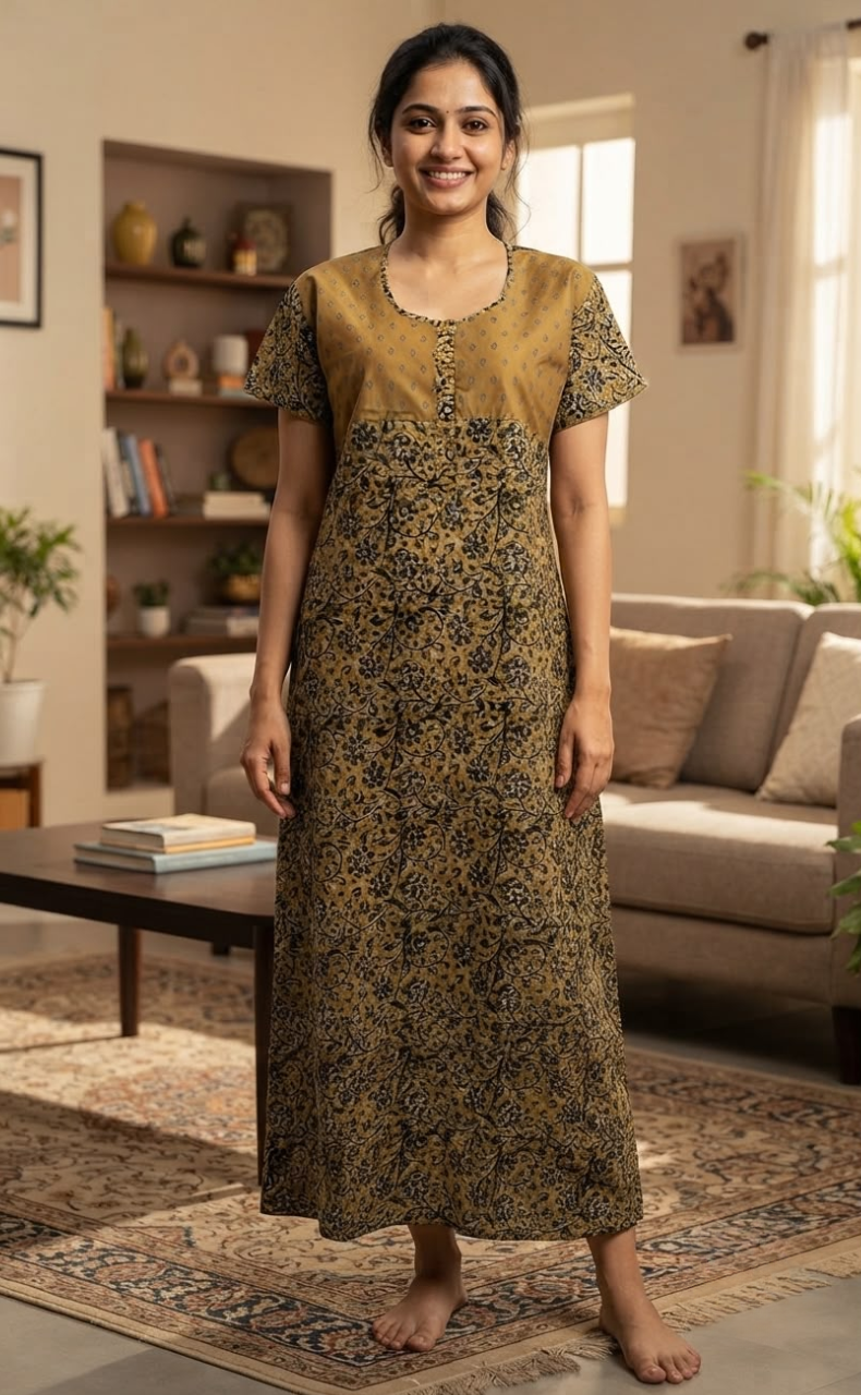 Beige Kalamkari Print Pure Cotton Nighty. Pure Durable Cotton | Laces and Frills