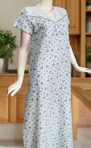 Light Blue Floral Pure Cotton Nighty. Pure Durable Cotton | Laces and Frills
