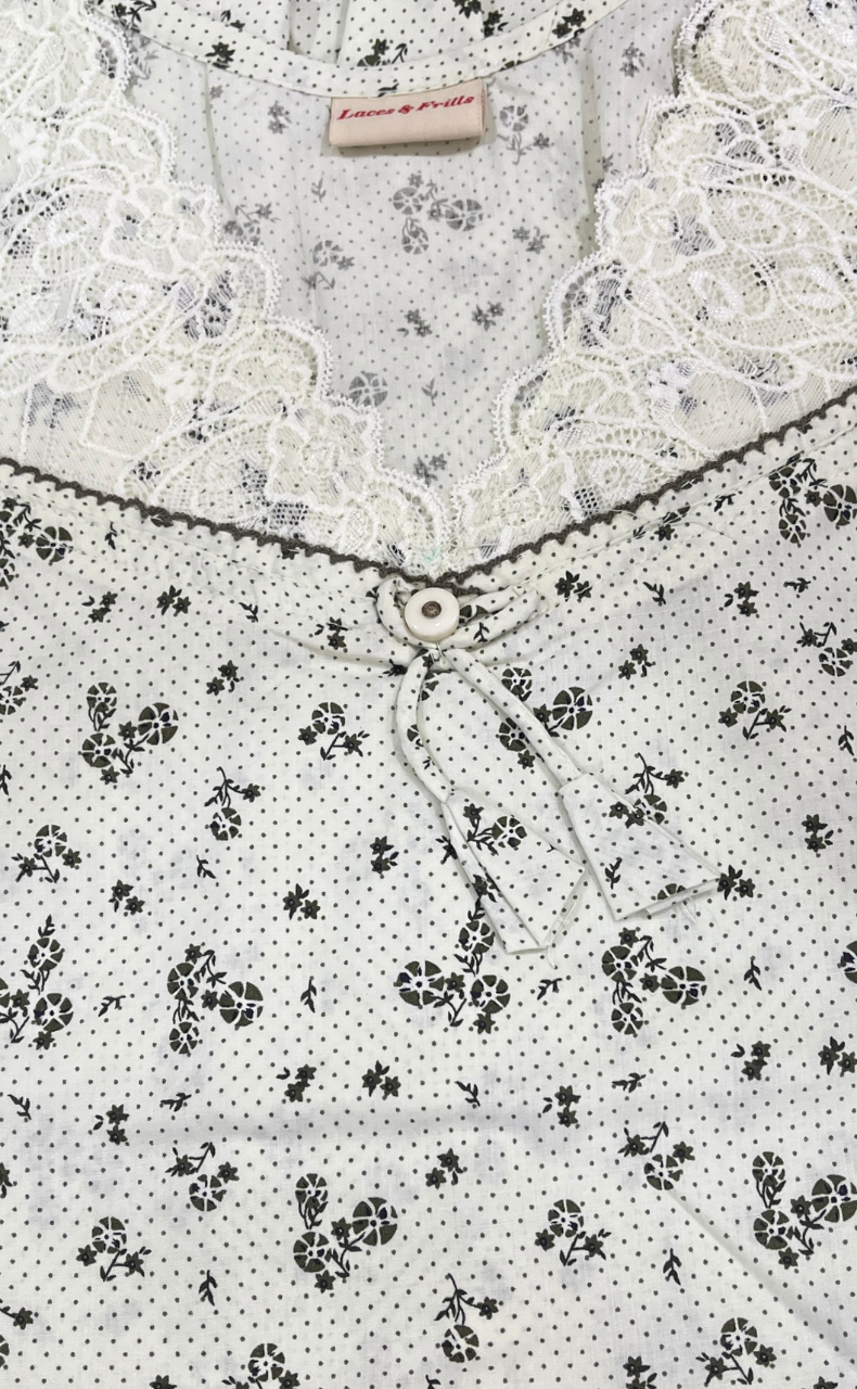 Light Pista Green Floral Pure Cotton Nighty. Pure Durable Cotton | Laces and Frills