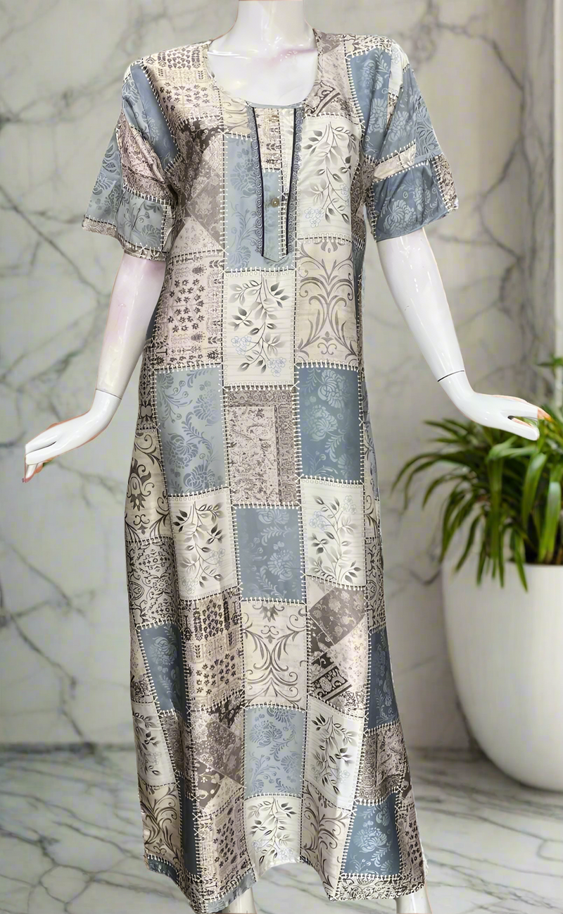 Grey/Light Blue Garden Satin Nighty. Soft Silky Satin | Laces and Frills