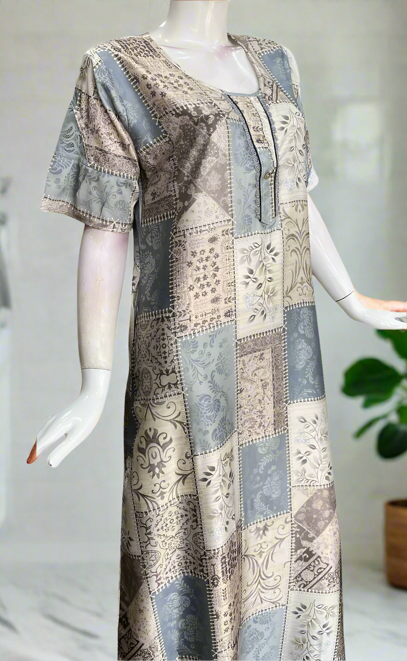 Grey/Light Blue Garden Satin Nighty. Soft Silky Satin | Laces and Frills