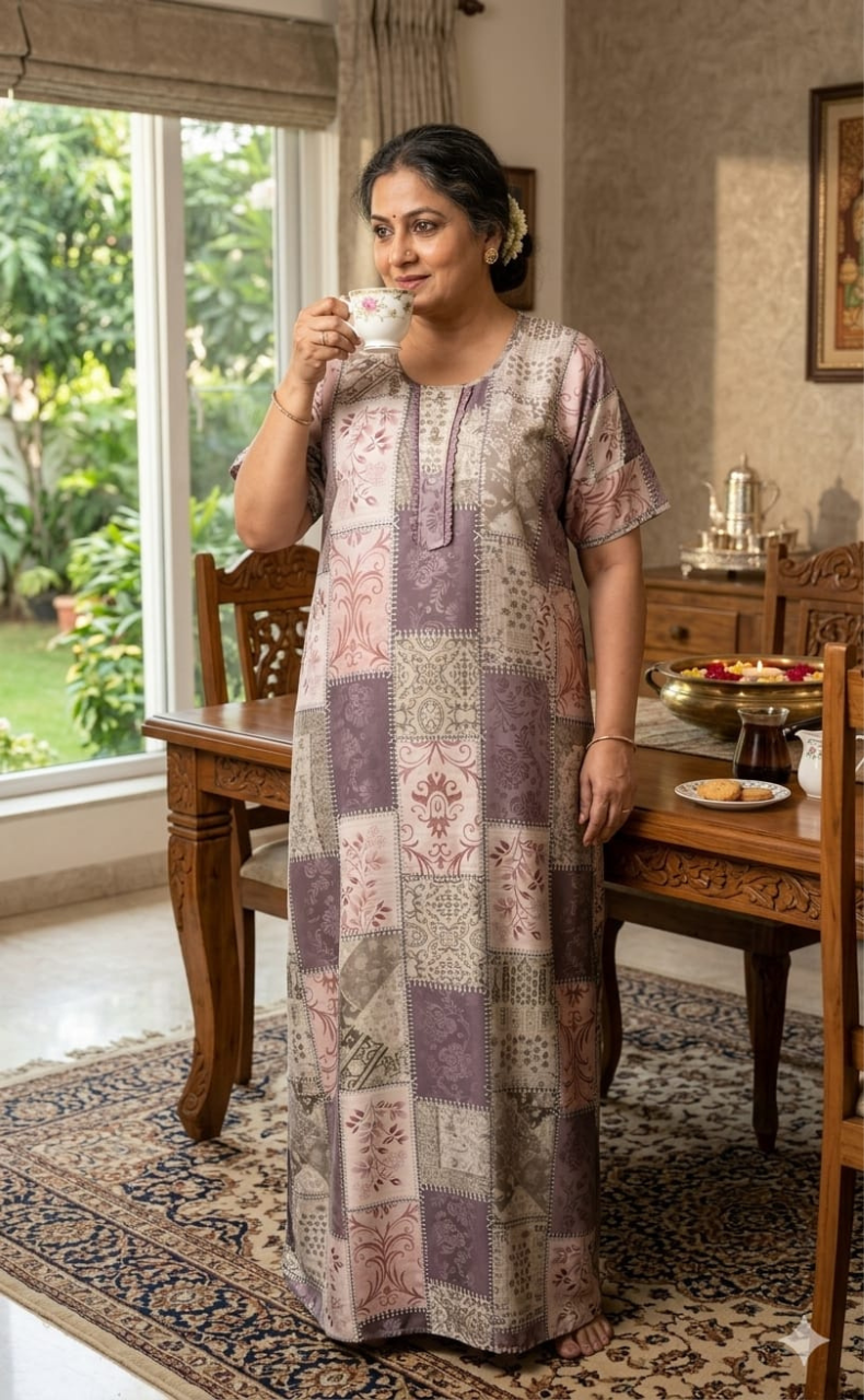 Peach/Beige Garden Satin Nighty. Soft Silky Satin | Laces and Frills