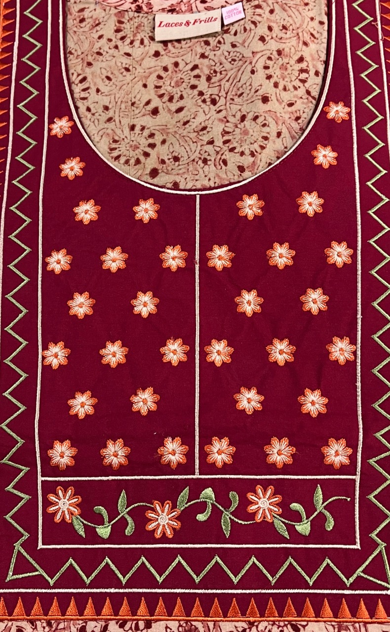Maroon Kalamkari Pure Cotton Nighty. Pure Durable Cotton | Laces and Frills