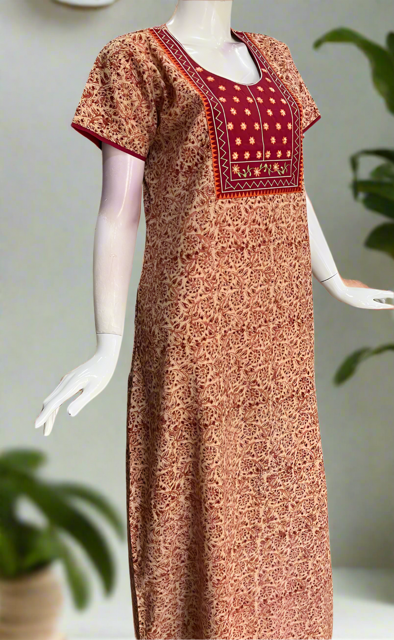 Maroon Kalamkari Pure Cotton Nighty. Pure Durable Cotton | Laces and Frills