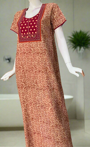 Maroon Kalamkari Pure Cotton Nighty. Pure Durable Cotton | Laces and Frills